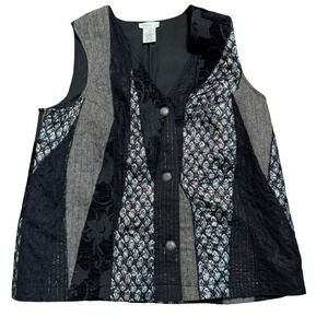 ULLA POPKEN Women's XXL Black Gray Patchwork Print Button Front Relaxed Fit Vest